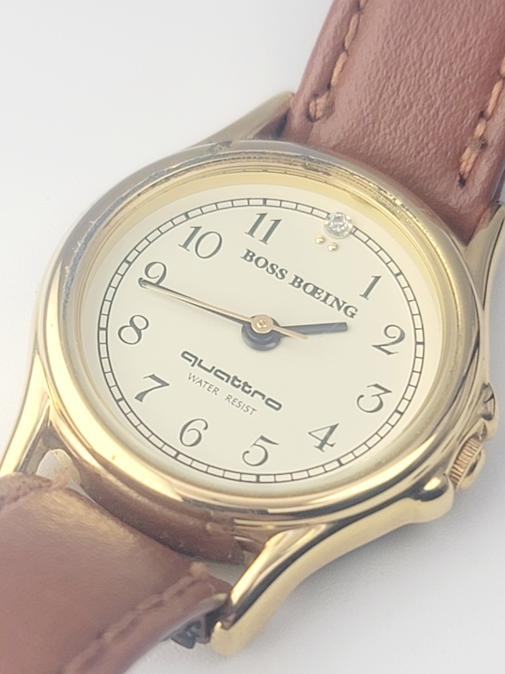 Vintage BOSS BOEING Quattro Women's Gold Watch 25mm Diamond Dial Japan Quartz